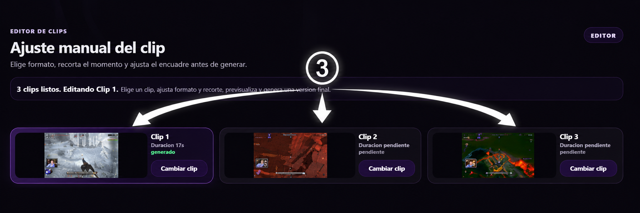 Tres momentos detectados por Zyclip listos para revisar antes de generar clips