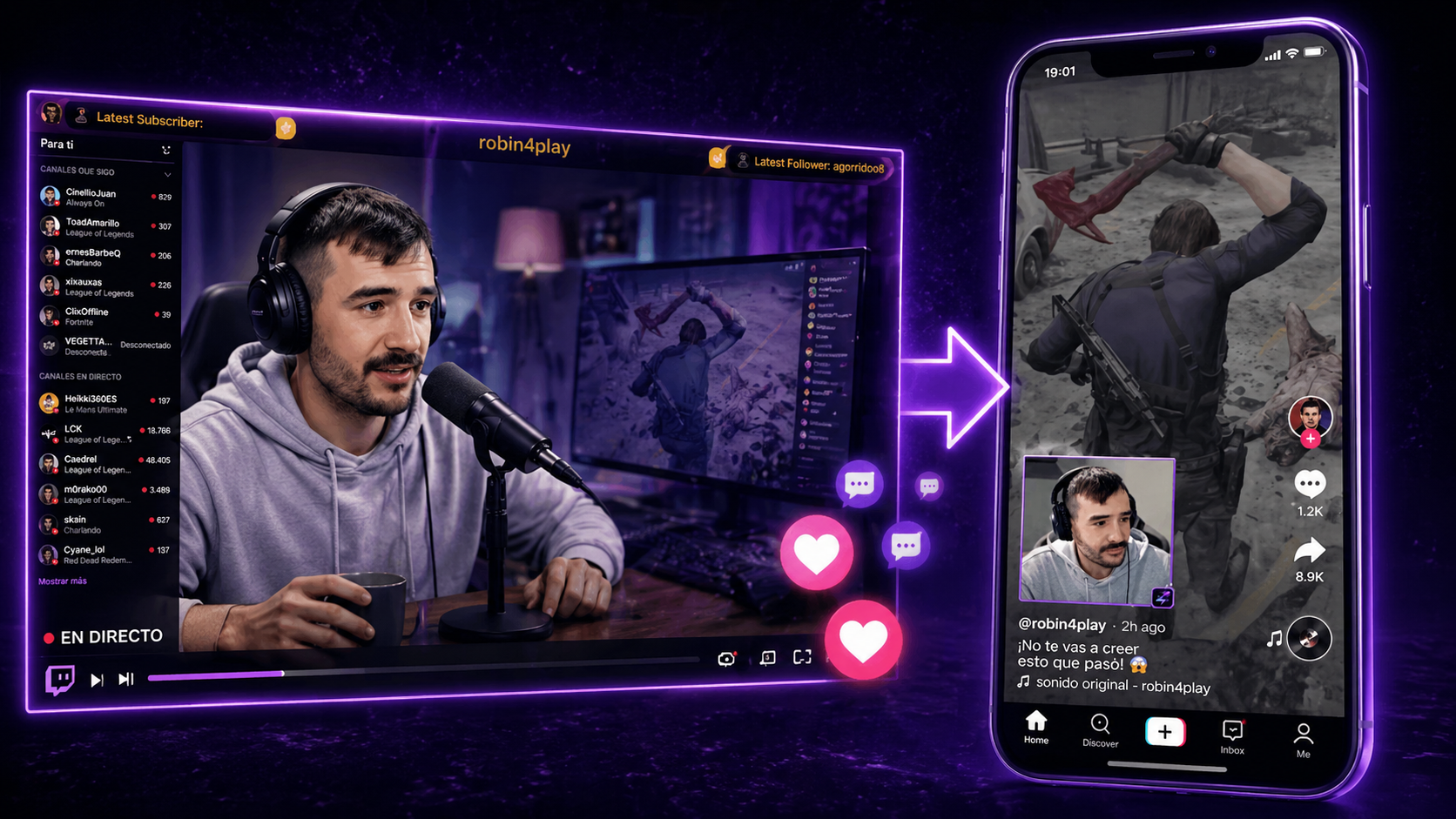 Visual principal de Zyclip Studio convirtiendo streams en clips para redes